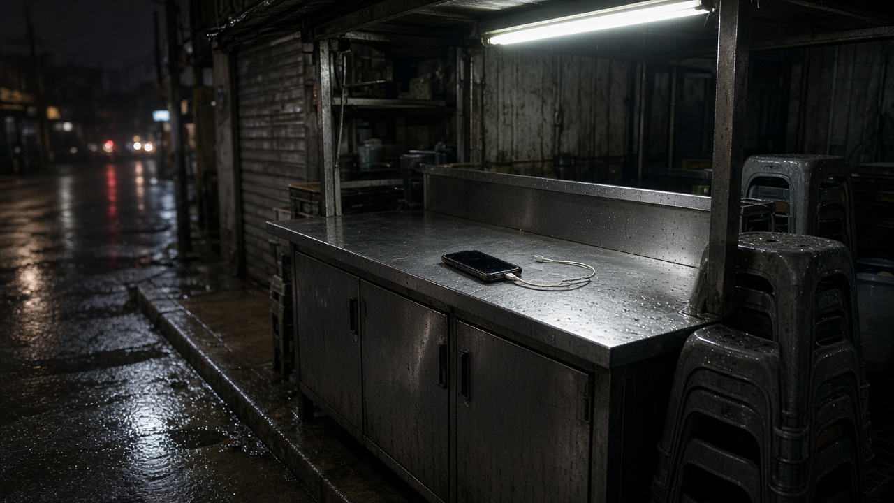 A closed food stall at night with a phone charging on a steel counter