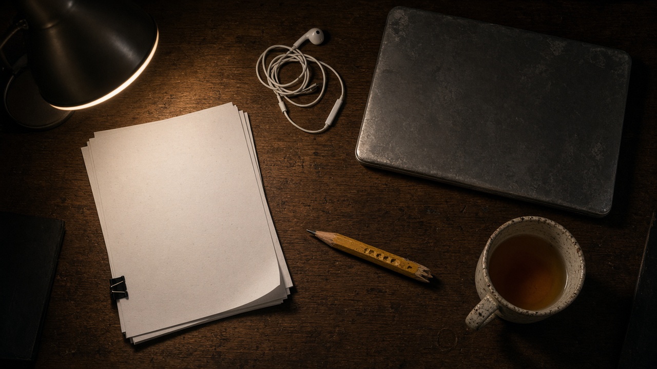 A cluttered desk at night with earphones, a closed laptop, and a mug under a lamp