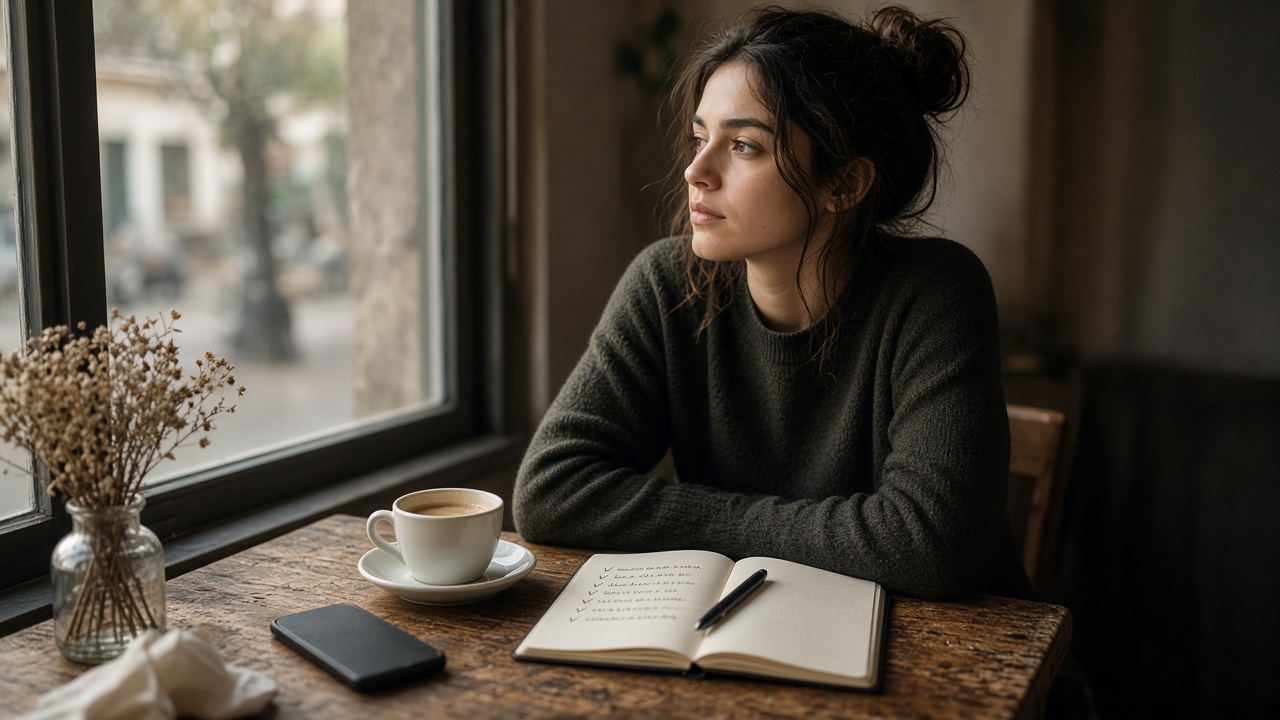 A cafe table with a notebook, coffee, and a phone set aside in the afternoon