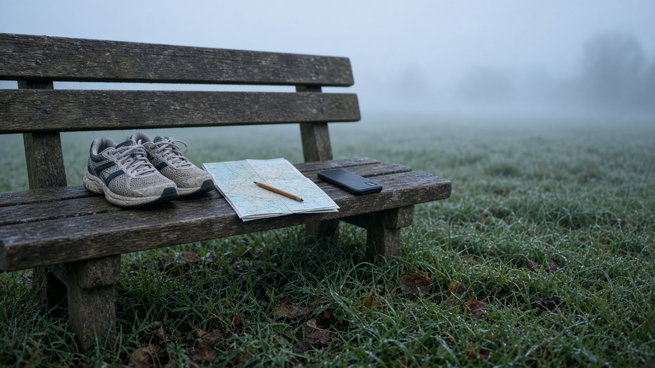 Worn running shoes and a folded paper map on a foggy park bench